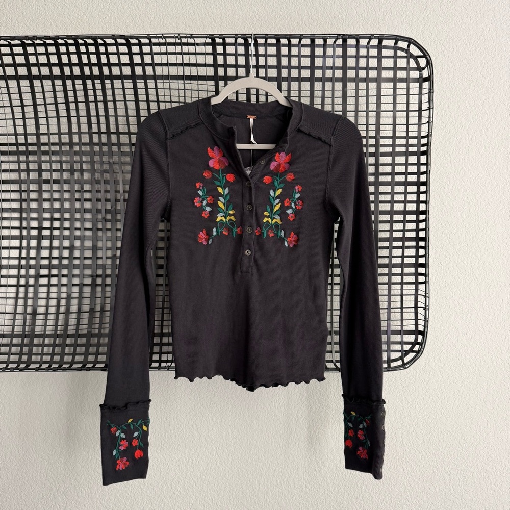 Free people Fleur Embroidered Cuff Henley